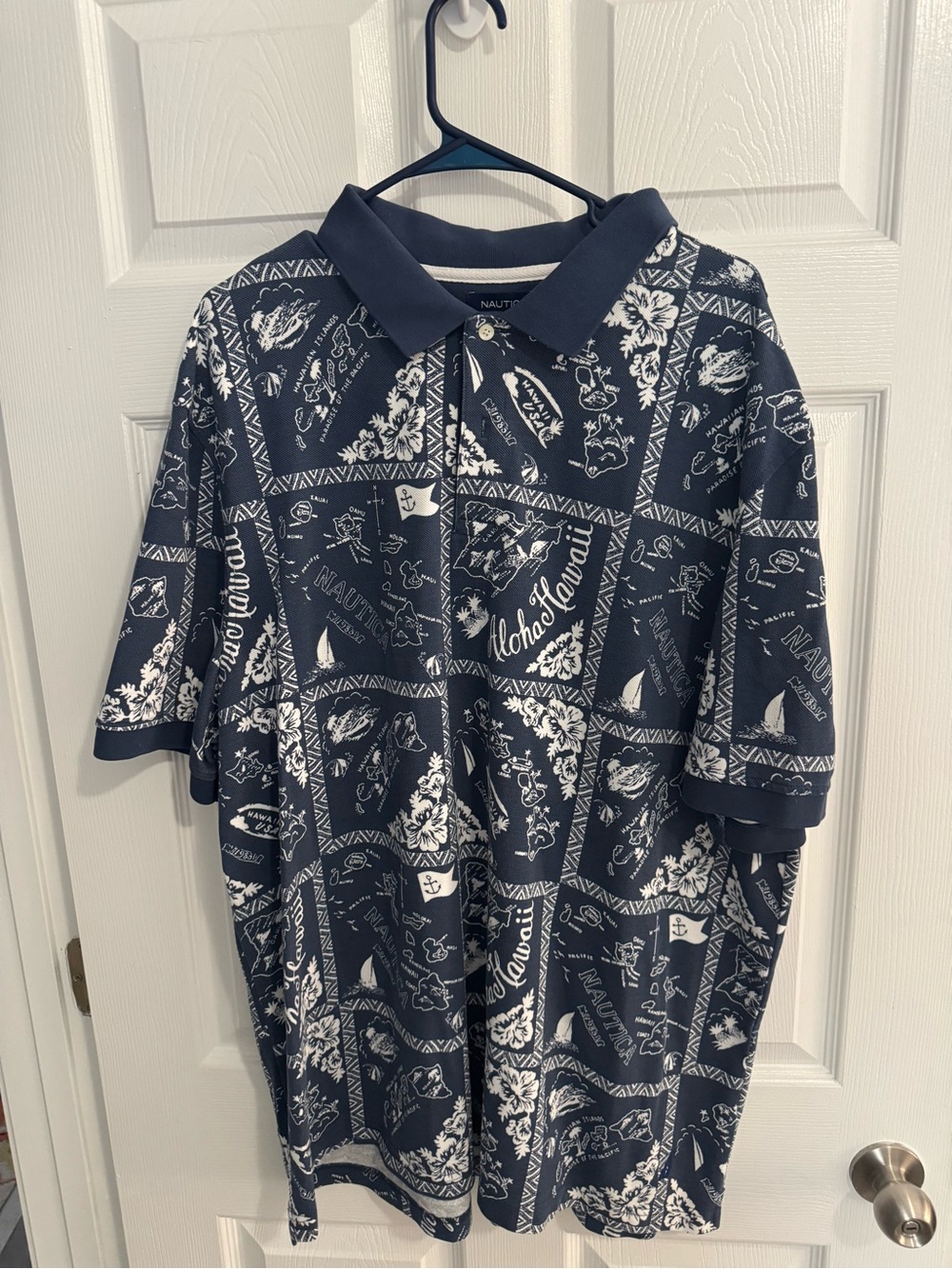 Nautica Navy and White Island Map Polo